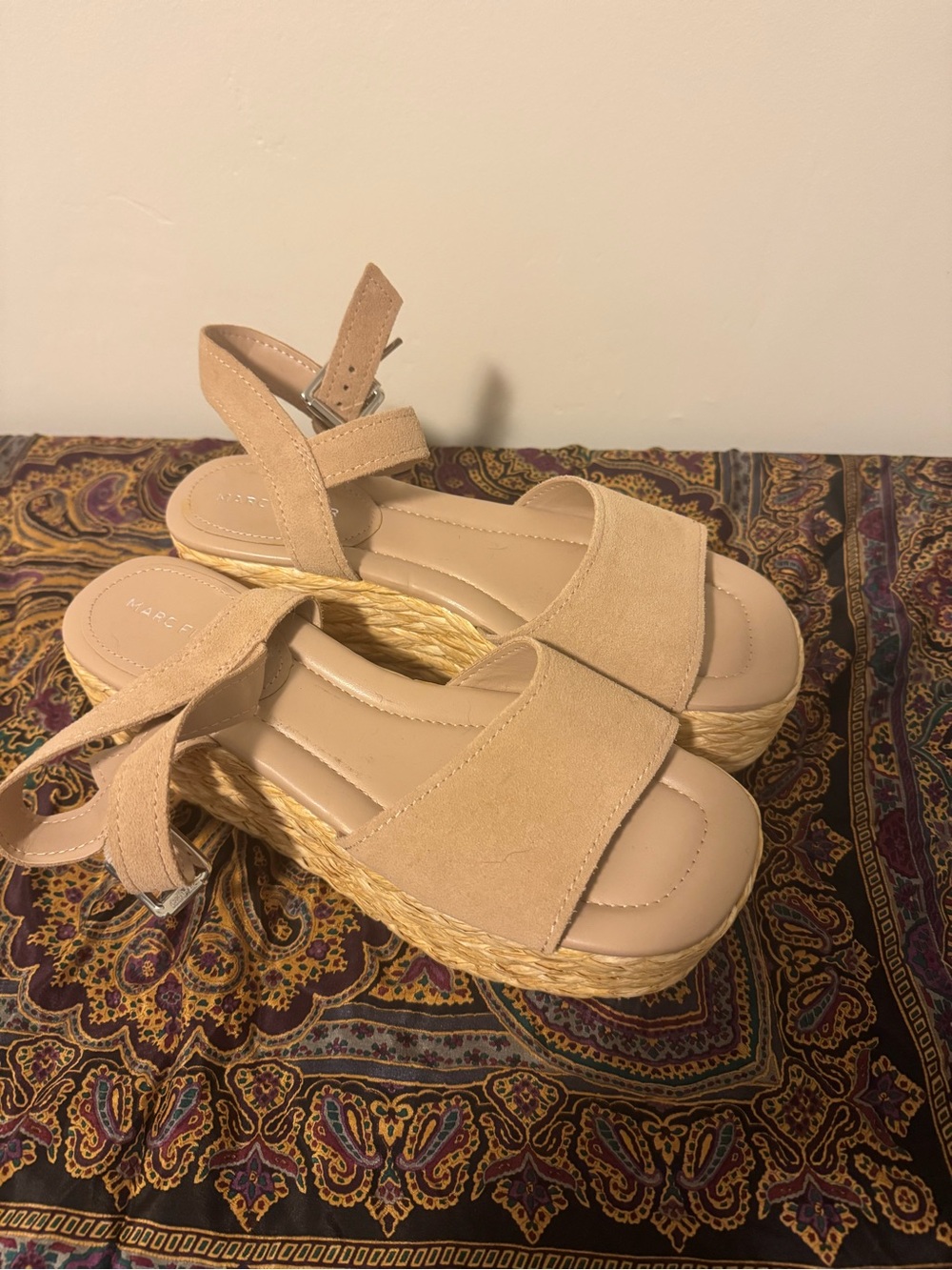 Marc Fisher Beige Suede Espadrille Platform Sandals with Ankle Strap